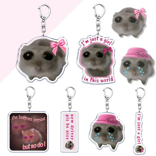 Fun Meme Im Just A Girl Sad Hamster Keychain Cartoon